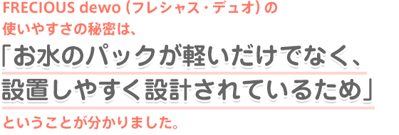 FRECIOUS dewo（フレシャス・デュオ）の使いやすさの秘密は、「お水のパックが軽いだけでなく、設置しやすく設計されているため」ということが分かりました。