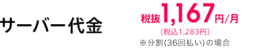 サーバー代金 ※分割（36回払い）の場合 税抜 1,167円/月